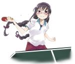  1girl akemi_homura black_hair braid collarbone damenano104 glasses gym_uniform hairband mahou_shoujo_madoka_magica paddle red-framed_glasses solo sweat table_tennis table_tennis_paddle twin_braids violet_eyes 