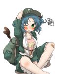  1girl amonitto backpack bag bandaid bandaid_on_knee bear_print blue_hair blush breasts cattail cleavage collarbone green_eyes hair_bobbles hair_ornament hand_on_headwear hat kawashiro_nitori looking_at_viewer one_eye_closed open_clothes open_jacket open_shirt plant simple_background sitting solo squiggle touhou twintails unbuttoned undershirt white_background wink 