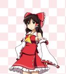  1girl altronage bow breasts brown_eyes brown_hair checkered checkered_background detached_sleeves hair_bow hair_tubes hakurei_reimu hand_on_hip japanese_clothes long_hair miko sarashi sideboob skirt skirt_set sleeves_past_wrists solo touhou wide_sleeves 