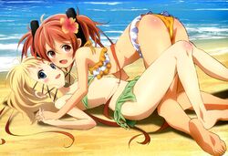  2girls absurdres aihara_enju all_fours bare_legs bare_shoulders barefoot beach bikini bikini_skirt black_bullet blonde_hair blue_eyes blush body_blush brown_eyes flat_chest flower frilled_bikini frills green_bikini hair_flower hair_ornament highres holding_hands interlocked_fingers long_hair lying multiple_girls navel nyantype official_art on_back orange_hair scan smile swimsuit tina_sprout twintails very_long_hair 