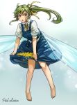  1girl barefoot blue_dress blue_eyes daiyousei dress fairy_wings green_hair hair_ribbon highres long_hair looking_at_viewer open_mouth petals pointy_ears puffy_short_sleeves puffy_sleeves ribbon sachito short_sleeves side_ponytail skirt_basket solo touhou wings 