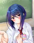  1girl blue_hair blush breasts chalkboard everythinghoney girlfriend_(kari) hibara_eiko looking_at_viewer necktie smile solo violet_eyes 