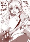  1girl blush breasts electric_guitar guitar headphones instrument large_breasts long_hair looking_at_viewer merryhachi nitroplus open_mouth plectrum pom_pom_(clothes) smile solo super_sonico 