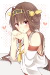  1girl ahoge blush brown_eyes brown_hair detached_sleeves double_bun hairband head_rest heart highres kantai_collection kongou_(kantai_collection) long_hair looking_at_viewer nontraditional_miko personification ribbon-trimmed_sleeves ribbon_trim spoken_heart washa 
