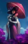  1girl black_hair borrowed_character commentary dress elbow_gloves flat_chest gloves hat jewelry jonathan_hamilton lips lipstick long_hair makeup necklace nose original parasol pearl_necklace purple_dress shawl solo sun_hat umbrella watermark web_address white_gloves 