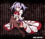  1girl bow brown_legwear ciel_alencon dress facial_mark god_eater god_eater_2 hair_bow high_heels juliet_sleeves long_sleeves puffy_sleeves red_eyes silver_hair sitting smile solo striped striped_background striped_legwear thigh-highs toutenkou twintails white_dress zettai_ryouiki 