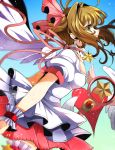  1girl absurdres baton bow breasts brown_hair cardcaptor_sakura choker collarbone dress fumiko_(miruyuana) green_eyes hair_bow highres kinomoto_sakura magical_girl puffy_short_sleeves puffy_sleeves ribbon ribbon_choker short_sleeves solo thigh-highs white_dress wings wrist_cuffs zettai_ryouiki 