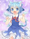  1girl animal_ears blue_dress blue_eyes blue_hair cat_ears cat_tail cirno commentary_request dress fang ibarashiro_natou ice ice_wings kemonomimi_mode looking_at_viewer open_mouth paw_pose paw_print puffy_short_sleeves puffy_sleeves shirt short_sleeves smile solo tail touhou wings 