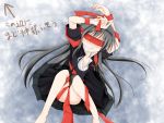  1girl akemi_homura bdsm black_hair blindfold blush bondage directional_arrow funeral_dress hairband kuuru long_hair lying mahou_shoujo_madoka_magica mahou_shoujo_madoka_magica_movie on_back red_ribbon ribbon solo thighs 