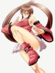 1girl bare_legs bare_shoulders belt_boots boots breasts brown_hair china_dress chinese_clothes detached_sleeves dress fighting_stance frilled_skirt frills guilty_gear hair_ring hair_tubes impossible_clothes kuradoberi_jam leg_lift long_hair microskirt mitsumachi_senji parted_lips red_dress skirt solo thighs tight_dress twintails wide_sleeves 
