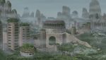  building city landscape mist mountain naruto no_humans official_art road scenery tagme tower tree window 
