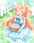  1girl ^_^ basket closed_eyes dress fence flower grass hairband happy highres long_hair orange_hair original ringo_yuyu side_ponytail solo 