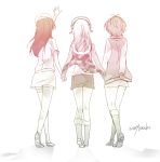  3girls back fujimi_suzu hat headphones holding_hands long_hair merryhachi monochrome multiple_girls nitroplus nurse_cap short_hair super_sonico watanuki_fuuri 