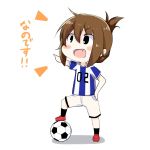  &gt;:d 1girl :d blush brown_hair folded_ponytail football football_uniform hand_on_hip inazuma_(kantai_collection) kantai_collection kurono_nekomaru long_hair number open_mouth short_sleeves simple_background smile solo sportswear translated 