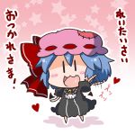  1girl :3 bell black_dress blue_hair chibi dress hat looking_at_viewer noai_nioshi remilia_scarlet short_hair solo star starry_background tagme touhou translation_request waving |_| 