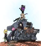  animal_ears bloodycat cat_ears cat_tail gun hat long_hair machine_gun military military_vehicle necktie peaked_cap purple_hair short_hair tail tank thigh-highs uniform vehicle weapon 