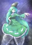  1girl absurdres breasts collarbone dress frilled_dress frills ghost_tail green_dress green_eyes green_hair hand_on_own_chest hat highres large_breasts long_hair long_sleeves looking_at_viewer outstretched_arm short_hair skirt soga_no_tojiko solo tate_eboshi touhou very_long_hair yuxyon 