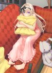  1girl barefoot blue_eyes book bookshelf brown_hair controller couch hair_ribbon hairband highres long_hair nueco original pajamas pillow remote_control ribbon sitting solo stuffed_animal stuffed_bunny stuffed_toy 