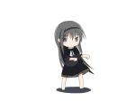  1girl akemi_homura black_hair blush chibi dancing funeral_dress hairband kuuru long_hair looking_at_viewer mahou_shoujo_madoka_magica mahou_shoujo_madoka_magica_movie simple_background solo violet_eyes white_background 