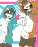  1boy 1girl amamiya_hibiya highres holding_hands hoodie kagerou_project kisaragi_momo long_hair matsushia_(kaorin990803) red_eyes short_hair spot_color 