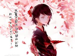  1girl alternate_costume black_hair commentary fan flower folding_fan grey_eyes hair_flower hair_ornament hairclip japanese japanese_clothes kimono leaf muromaki ruby_rose rwby short_hair solo symbol watermark web_address 