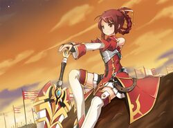  1girl bare_shoulders braid bridal_gauntlets detached_sleeves ears elesis elsword flag french_braid red_eyes redhead serenasion serious short_hair sky solo sword thigh-highs weapon 