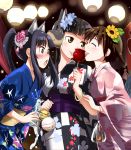  3girls ^_^ animal_ears bag bagged_fish black_hair blush bottle brown_eyes candy_apple closed_eyes eyepatch festival fish floral_print goldfish hattori_shizuka japanese_clothes kimono lantern licking long_hair mask miyafuji_yoshika mozu_(peth) multiple_girls open_mouth paper_lantern ponytail sakamoto_mio shared_food short_hair smile strike_witches sweatdrop water_balloon yukata 