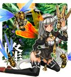  1girl between_breasts black_legwear breasts cleavage dress familiar gettydaze hairband hand_on_hip highres kneeling lance long_hair necktie_between_breasts original polearm red_eyes shield short_dress silver_hair solo staff thigh-highs translation_request very_long_hair vest wasp weapon 
