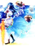 1girl blue_hair blue_sky closed_eyes hat hat_removed headwear_removed highres hinanawi_tenshi keystone kotonoman long_hair long_skirt skirt sky solo sword_of_hisou touhou wind