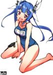  1girl arm_support blue_hair blush breasts hair_ribbon i-19_(kantai_collection) kantai_collection long_hair ookami_maito open_mouth red_eyes ribbon school_swimsuit sitting smile solo swimsuit twintails wariza 