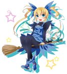  1girl black_legwear blonde_hair blue_eyes blue_skirt blush broom broom_riding creature gunbird hair_ribbon jewelry long_hair marion necklace pantyhose ratryu ribbon shoes skirt smile solo star twintails white_background 