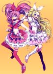  2girls blonde_hair blue_eyes boots bow choker cure_melody cure_rhythm frills green_eyes houjou_hibiki jewelry long_hair magical_girl midriff minamino_kanade multiple_girls open_mouth pink_hair precure ribbon skirt smile suite_precure takanashi_ringo thigh-highs twintails 