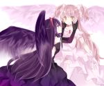  2girls akemi_homura akuma_homura bare_shoulders black_hair bow choker dress elbow_gloves feathered_wings gloves goddess_madoka hair_bow hands_on_another&#039;s_cheeks hands_on_another&#039;s_face kaname_madoka long_hair looking_at_another mahou_shoujo_madoka_magica mahou_shoujo_madoka_magica_movie multiple_girls pink_hair pink_legwear simple_background spoilers surprised thigh-highs two_side_up violet_eyes white_background white_gloves wings yellow_eyes yuri zettai_ryouiki 