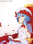  1girl alternate_costume atg_(wttoo0202) blue_hair book brooch capelet cup dress drinking flower gloves hat hat_flower jewelry petals red_eyes red_rose remilia_scarlet rose short_hair sitting small_breasts solo teacup throne touhou watermark web_address white_dress 