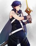  1boy belt blue_eyes blue_hair cape fire_emblem fire_emblem:_kakusei gloves highres krom male smile sword tusia weapon 