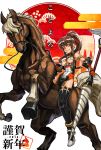  1girl absurdres armlet black_legwear breasts brown_hair drill gauntlets gettydaze hair_ribbon highres horse horseback_riding lance long_hair necktie original polearm ponytail red_eyes ribbon riding smile solo thigh-highs under_boob weapon 