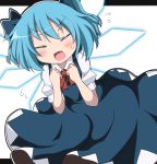  1girl alternate_hairstyle blue_dress blue_hair blush bow cirno closed_eyes do_(4-rt) dress fang flying_sweatdrops hair_bow ice ice_wings letterboxed looking_at_viewer open_mouth puffy_short_sleeves puffy_sleeves shirt short_sleeves solo sweatdrop touhou twintails wings 