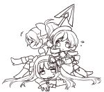  3girls :d akemi_homura bare_shoulders beret boots bow chibi cup detached_sleeves drill_hair fc_(efushii) hair_bow hair_ornament hair_ribbon hairpin hat laughing long_hair lying magical_girl mahou_shoujo_madoka_magica monochrome multiple_girls on_stomach open_mouth polearm ponytail puffy_sleeves ribbon sakura_kyouko simple_background sitting smile spear teacup tomoe_mami twin_drills weapon white_background 