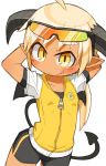  1girl :q ahoge arms_behind_head bike_shorts blonde_hair blush demon_girl demon_tail horns jacket long_hair nanatsuta original pointy_ears ponytail solo succubus sunglasses sunglasses_on_head tail tan tongue yellow_eyes 