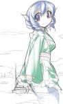  1girl blue_eyes blue_hair blush boat covering covering_ass fun_bo head_fins japanese_clothes kimono looking_at_viewer mermaid monster_girl obi sash solo tears touhou wakasagihime wavy_mouth 