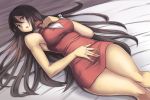  1girl bare_legs bare_shoulders bed_sheet breasts brown_eyes brown_hair guilty_gear hand_on_own_chest hand_on_own_stomach impossible_clothes lipstick long_hair looking_to_the_side lying makeup miniskirt mitsumachi_senji necktie on_back parted_lips sharon_(guilty_gear) side_slit skirt solo tight_dress turtleneck very_long_hair 
