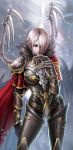  armor bone cape dantewontdie hair_over_one_eye highres silver_hair smirk wings 