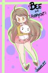  1girl :o absurdres ahoge artist_name bee bee_(bee_and_puppycat) bee_and_puppycat bee_the_human_girl brown_eyes brown_hair copyright_name highres holding_animal long_hair outline puppycat samantha_niz shorts 