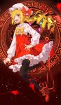  1girl absurdres ascot black_legwear blonde_hair blood blush dress drill_hair flandre_scarlet hat highres long_sleeves magic_circle mary_janes open_mouth red_eyes shoes short_hair side_ponytail smile solo thigh-highs touhou transistor wings 