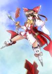  1girl alternate_costume altronage bow breasts brown_eyes brown_hair cleavage detached_sleeves faulds greaves hair_bow hair_tubes hakurei_reimu highres japanese_clothes large_breasts long_hair miko polearm solo spear touhou weapon wide_sleeves 