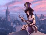  1girl bare_shoulders boots brown_hair caitlyn_(league_of_legends) detached_collar dress gun hat highres jonathan_hamilton league_of_legends long_hair rifle rooftop scope solo strapless_dress thigh_strap top_hat wallpaper weapon 