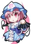  1girl blue_dress blush_stickers chibi dress dual_wielding fan folding_fan ghost hat highres hitodama long_sleeves looking_at_viewer nori_tamago open_mouth pink_eyes pink_hair saigyouji_yuyuko sash solo touhou triangular_headpiece veil wide_sleeves 