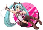  1girl aqua_hair boots bowtie cross-laced_footwear frills green_eyes hand_on_headphones hatsune_miku headphones lace-up_boots long_hair open_mouth solo striped striped_legwear suspenders thigh-highs twintails vertical-striped_legwear vertical_stripes very_long_hair vocaloid 