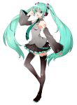  1girl boots covered_navel detached_sleeves green_eyes green_hair hatsune_miku headset kinu_(le) long_hair looking_at_viewer nail_polish necktie open_mouth simple_background skirt solo thigh-highs thigh_boots twintails very_long_hair vocaloid white_background 