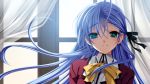  1girl blue_eyes blue_hair game_cg kashimashi_communication long_hair looking_at_viewer senomoto_hisashi smile solo 